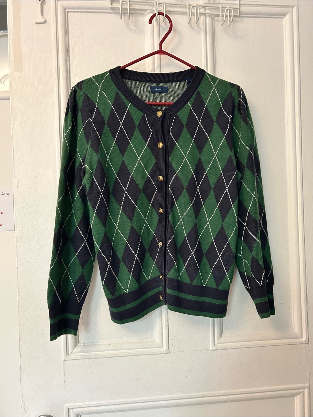 Gant Green & Navy Argyle Button Cardigan with Gold Buttons